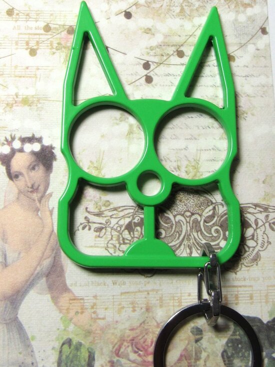 Hand Crafted Accessories - SELF DEFENSE STEEL KITTY EAR KEY CHAIN  4" GREEN